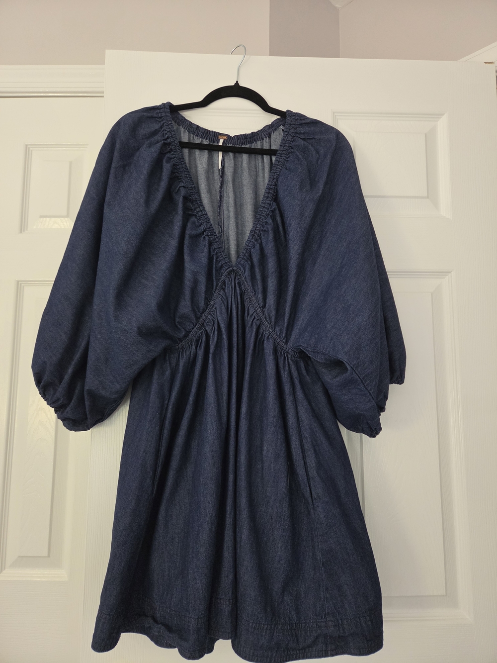Free People Portia Denim V-Neck Balloon Sleeve Boho Mini Dress Size Large